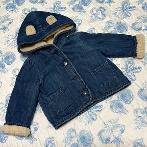 Baby Gap Sherpa Lined Denim Button Down Sweater With Hood Size 18-24 Months